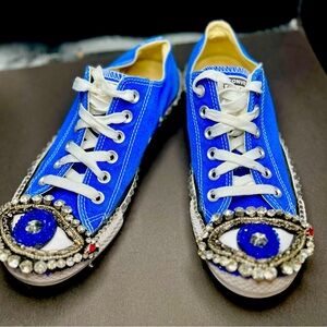 Bright blue, evil eye, hand rhinestoned, upcycled Converse sneakers